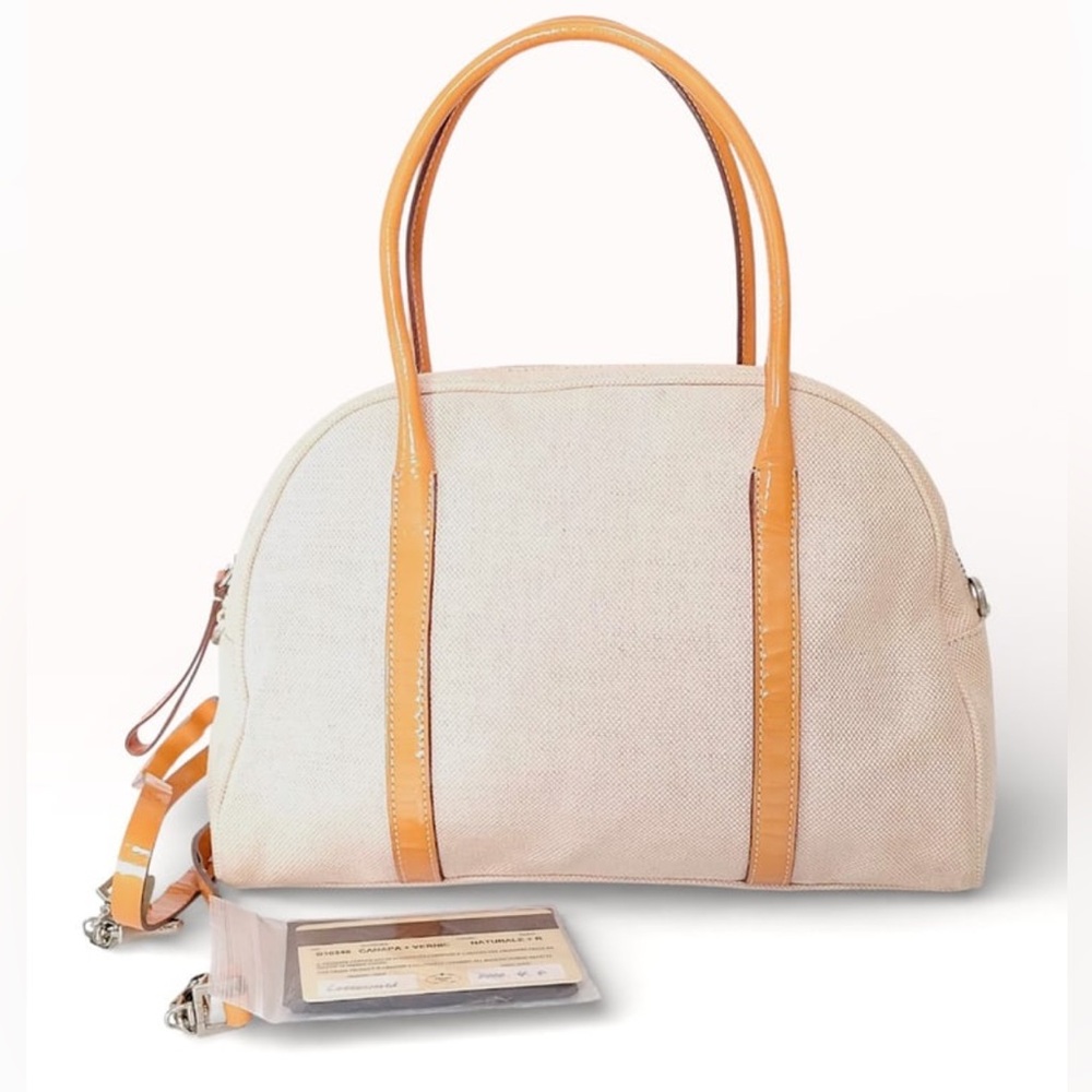 Prada Cream Canvas Two Way Handbag, Model B10248 with Orange Patent Leather Trim